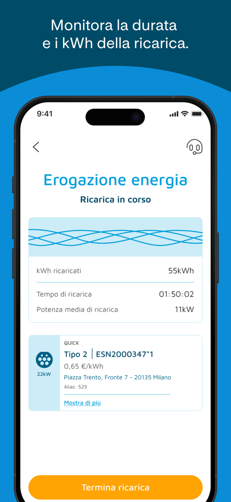 A2A Emoving - Schermata dell'app A2A Emoving che mostra i dettagli della sessione di ricarica del veicolo elettrico in tempo reale