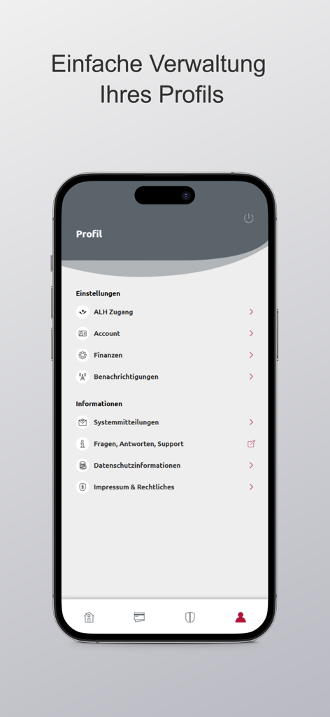 fin4u - Página de configurações de perfil do aplicativo fin4u mostrando opções de gerenciamento de conta e finanças