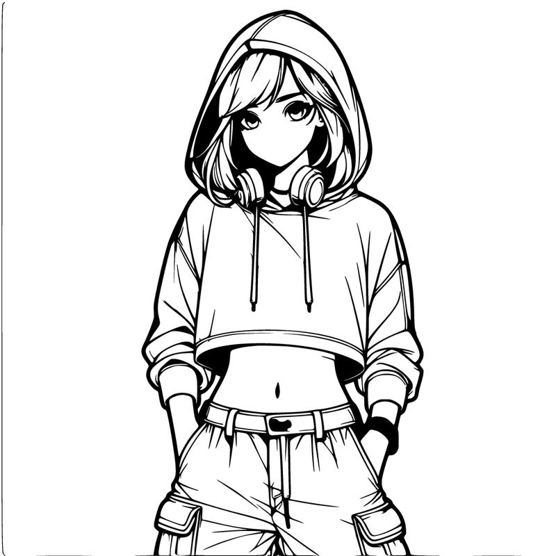 a realistic girl with a cropped hoodie and some cargo pants