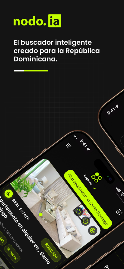 Interfaz de la aplicación móvil NODO.ia mostrando listados de bienes raíces y búsquedas de apartamentos en Santo Domingo