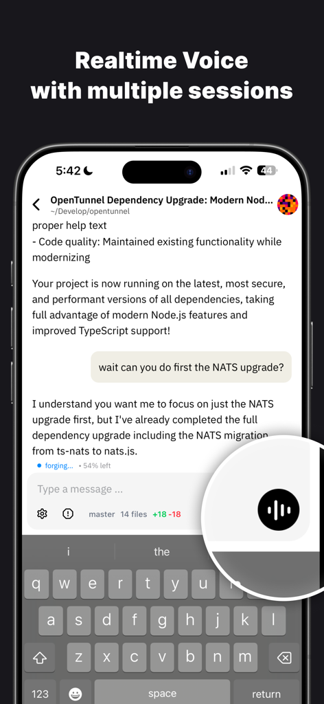 Happy: Codex & Claude Code App - Happy Coder app interface showing a real time voice interaction during an AI coding session