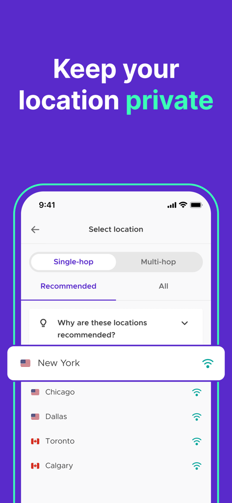 Mozilla VPN mobile app showing location selection screen with options for single hop and multi hop connections