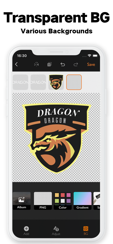Logo Maker: Watermark Designer - Dragon logo on a transparent background in the logo maker app interface