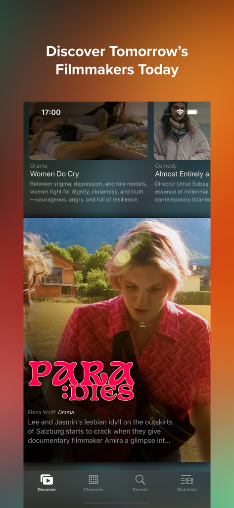 Interface d'une application mobile Sooner Europe affichant des films indépendants et d'art et d'essai soigneusement sélectionnés avec le titre Découvrez les cinéastes de demain aujourd'hui