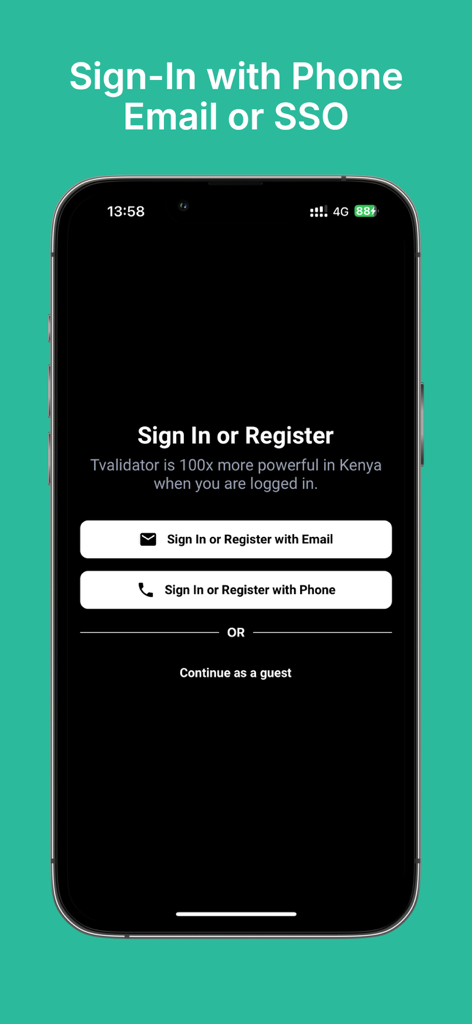 tValidator App Anmeldeseite mit E-Mail- und Telefonoptionen