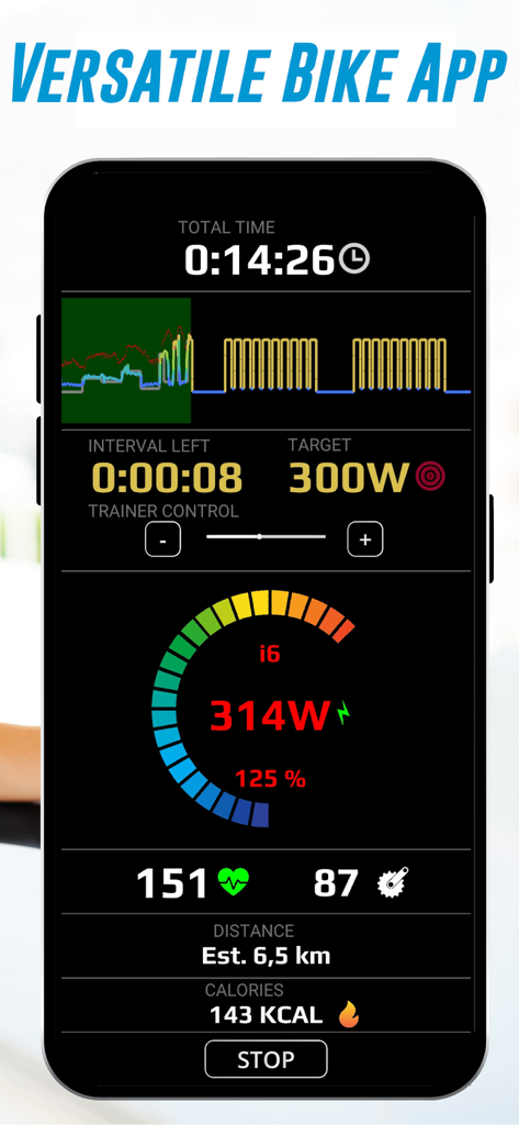 HR2VP Bike Training & Tracker - HR2VP app mobile interface showing real-time cycling metrics including power heart rate and cadence during a training session