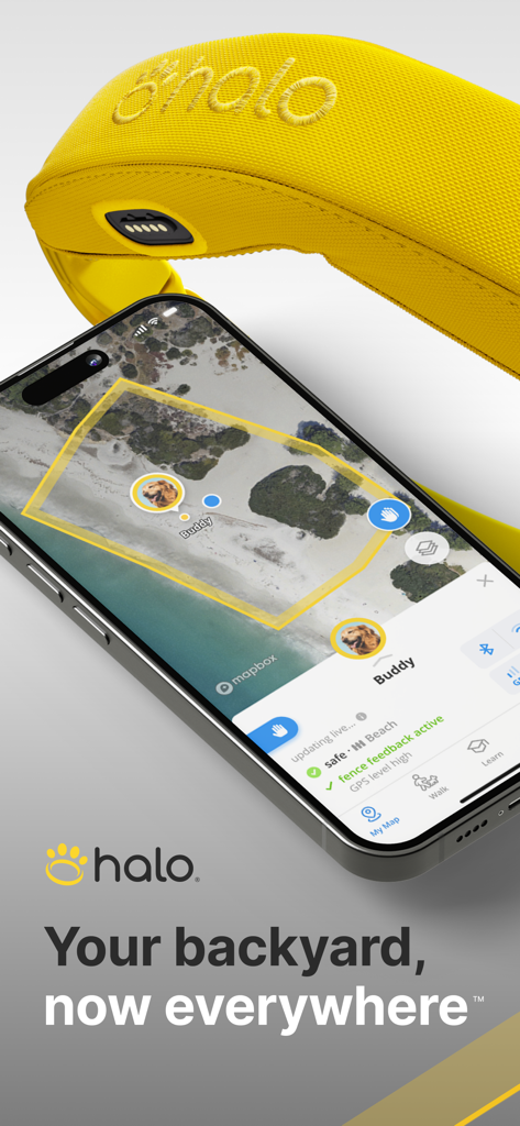 Halo Collar - Interfaccia dell'app Halo Collar che mostra un recinto virtuale e il tracciamento live del cane su una mappa satellitare