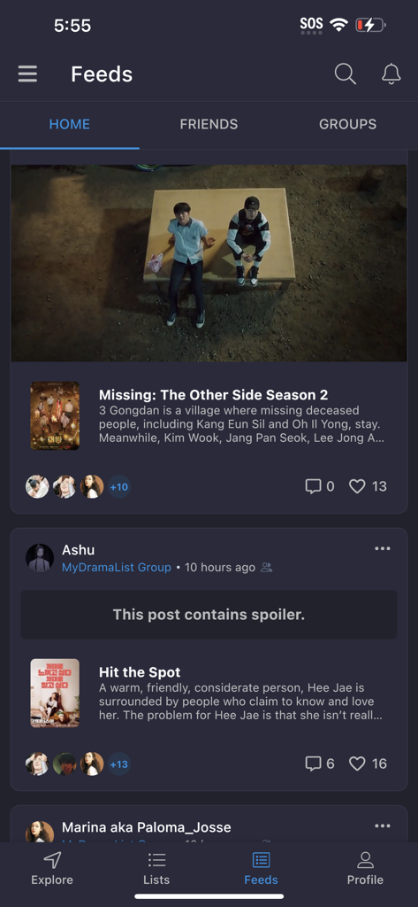 Community feed section in the MyDramaList app showing drama recommendations and user posts.