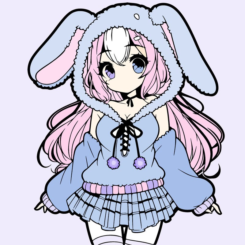 pretty anime girl wearing a fluffy hoodie with bunny ears on the hood and a skirt