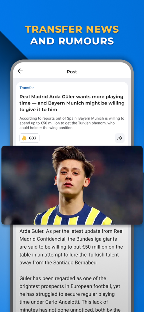 Madrid Live - For Real Fans - Interfaccia dell'app Madrid Live che mostra notizie e indiscrezioni sui trasferimenti dei giocatori del Real Madrid