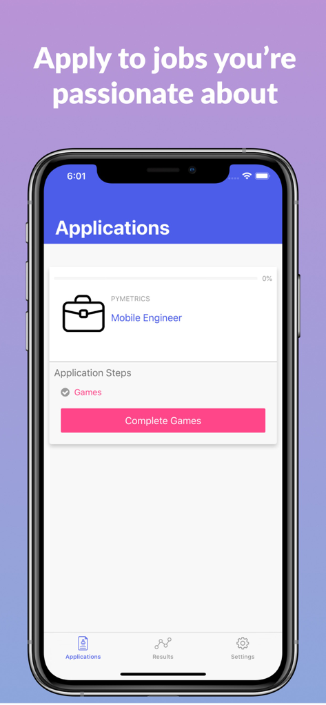 pymetrics - iPhone showing the pymetrics app application status for a Mobile Engineer role with a button to start cognitive games