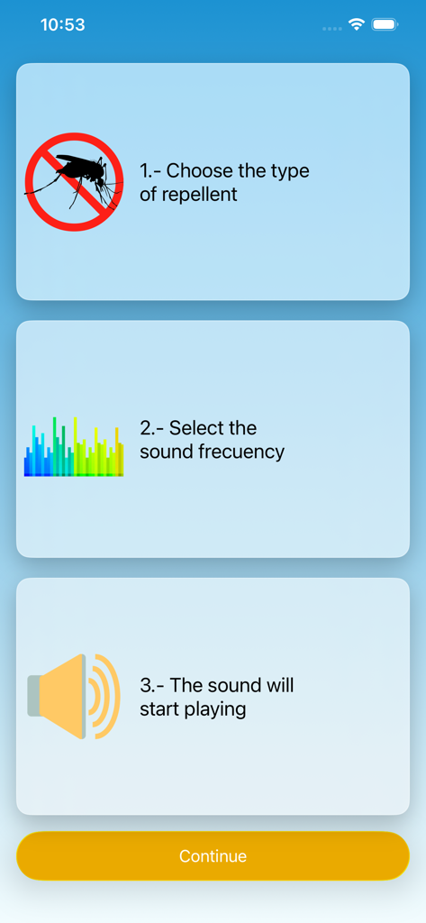 Anti Mosquito Repellent Sounds - A three step instruction screen showing how to choose a repellent type select sound frequency and play the audio