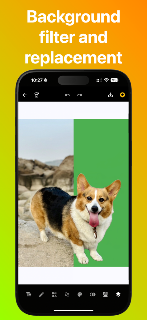 Background Text-AI Text Editor - Ein Smartphone zeigt einen KI-Fotobearbeiter, der den natürlichen Hintergrund eines Hundes durch eine durchgehende grüne Farbe ersetzt