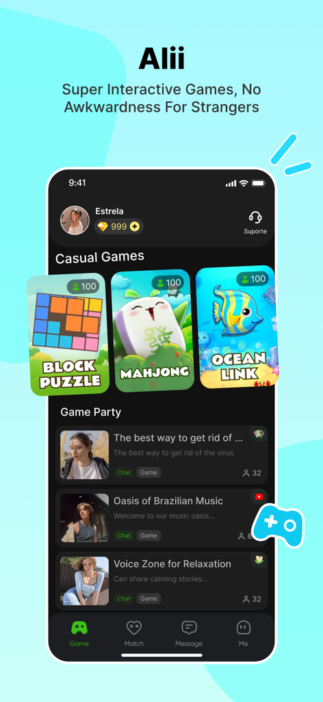 Alii app main screen showing casual games like Mahjong and social party rooms for interaction.