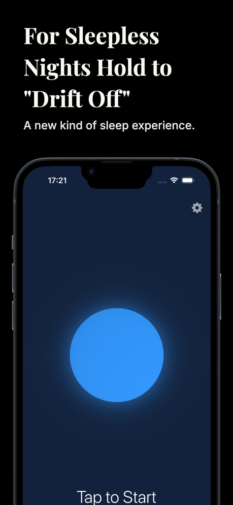 Pulse Sleep - Pulse Sleep app home screen with a large glowing blue circle and text for sleepless nights hold to drift off