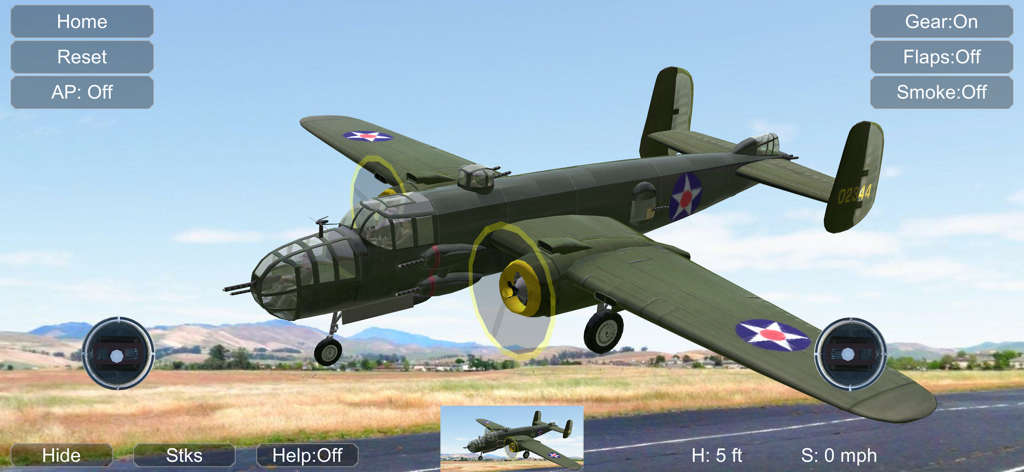 Absolute RC Simulator-Oberfläche mit einem WWII-Bomberflugzeug und Flugsteuerungen auf einem Flugplatz.