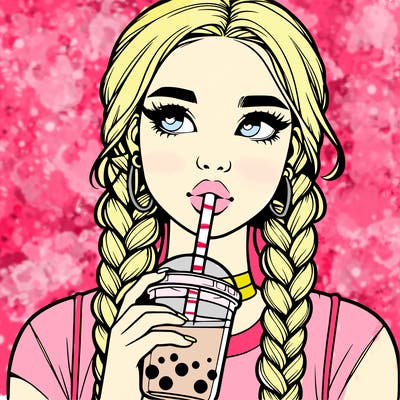 realistic girl with braided hair drinking boba
