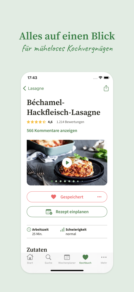 Chefkoch – Rezepte & Kochen - Détails de la recette de lasagnes dans l'application mobile Chefkoch, avec les notes et le temps de préparation