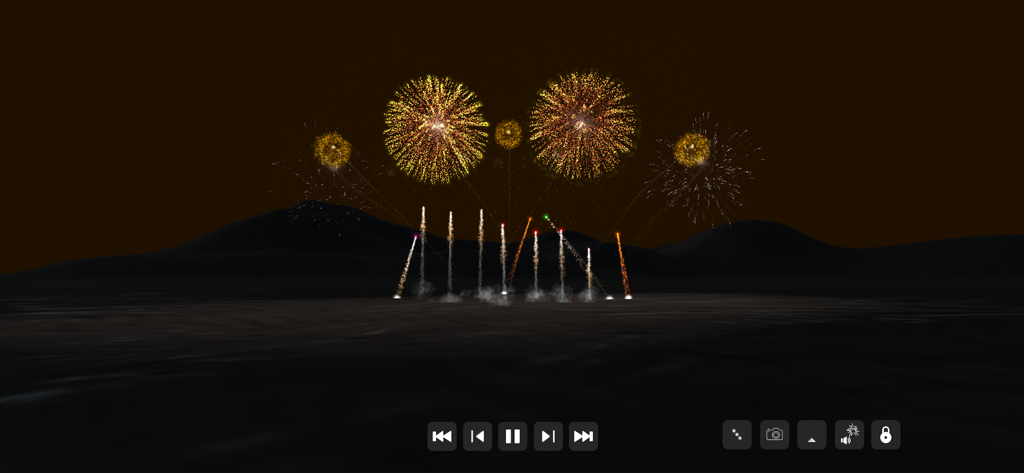 Pyro Simulator for iPhone - A realistic fireworks display with golden bursts in a night sky simulation