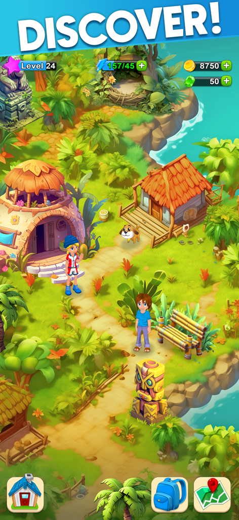 Skyberry Island: Family Farm - Jugabilidad de exploración de Skyberry Island mostrando personajes y paisajes de islas tropicales.