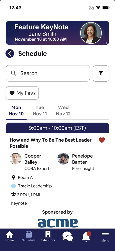 myShowApp - Mobile app interface displaying a professional conference schedule with session details and speaker information