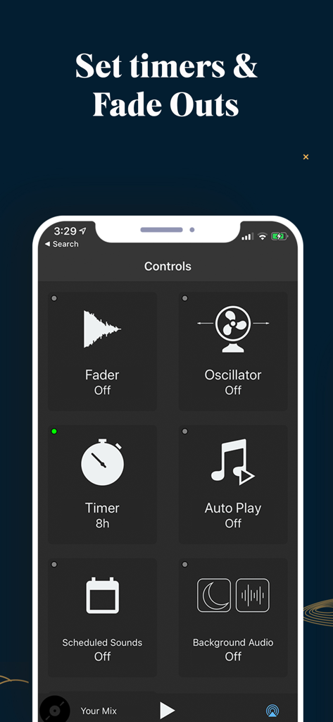 White Noise Deep Sleep Sounds app interface showing control options including a sleep timer and sound fader settings.