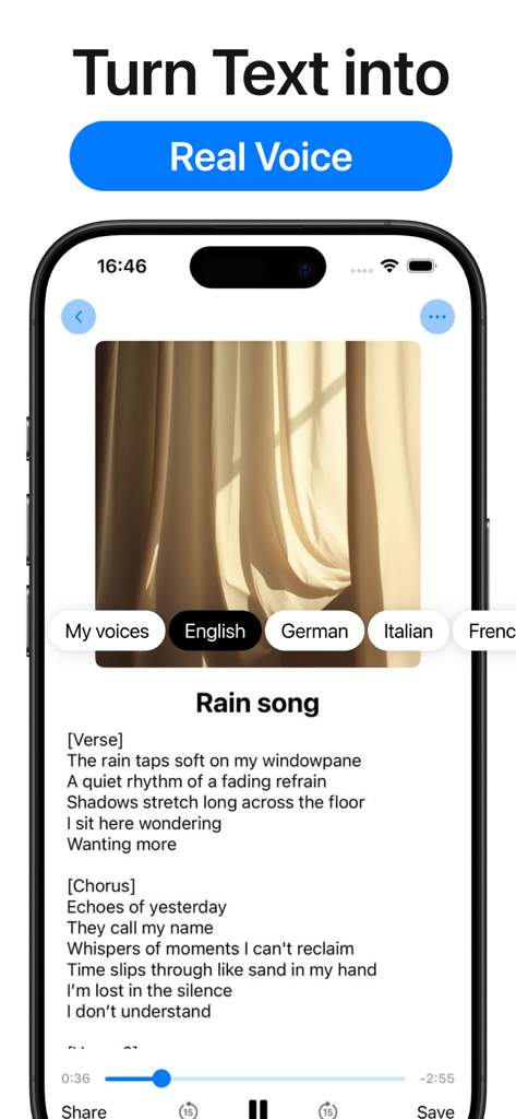 Eleven Labs AI Voice Generator - Smartphone screen showing the Eleven Labs AI Voice Generator app turning text lyrics into a song with multi language options