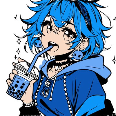 hot baddie anime girl drinking boba and biting the straw