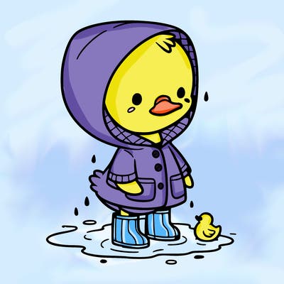 baby duck in a rain coat and boots, in a puddle while it’s raining