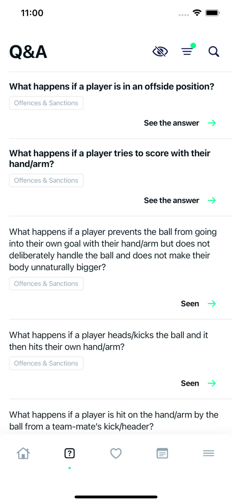 Football Rules by The IFAB - A screen showing the Football Rules app Q and A section with various soccer rule questions