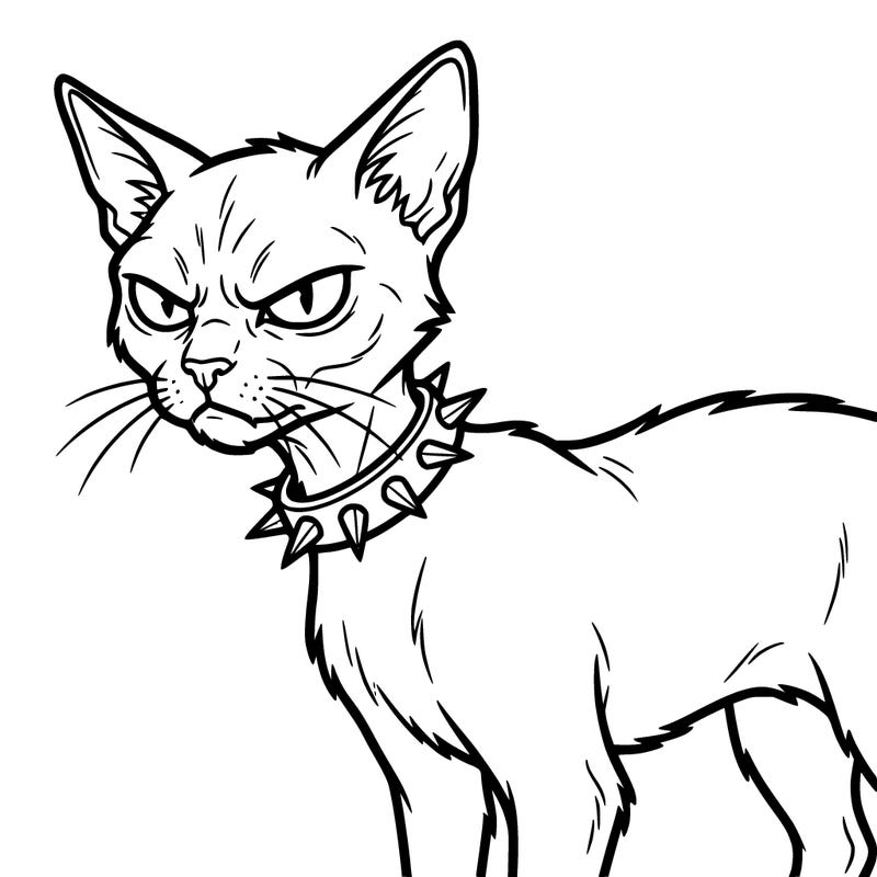 a grumpy, skinny girl cat with a spiky collar.