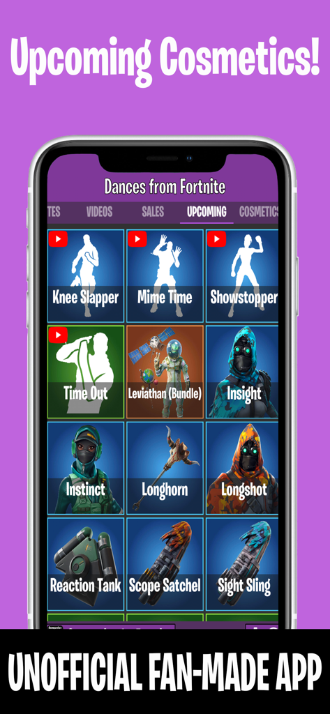 Dances from Fortnite - A mobile screen from the Dances from Fortnite app displaying upcoming emotes and character skins like Leviathan and Instinct
