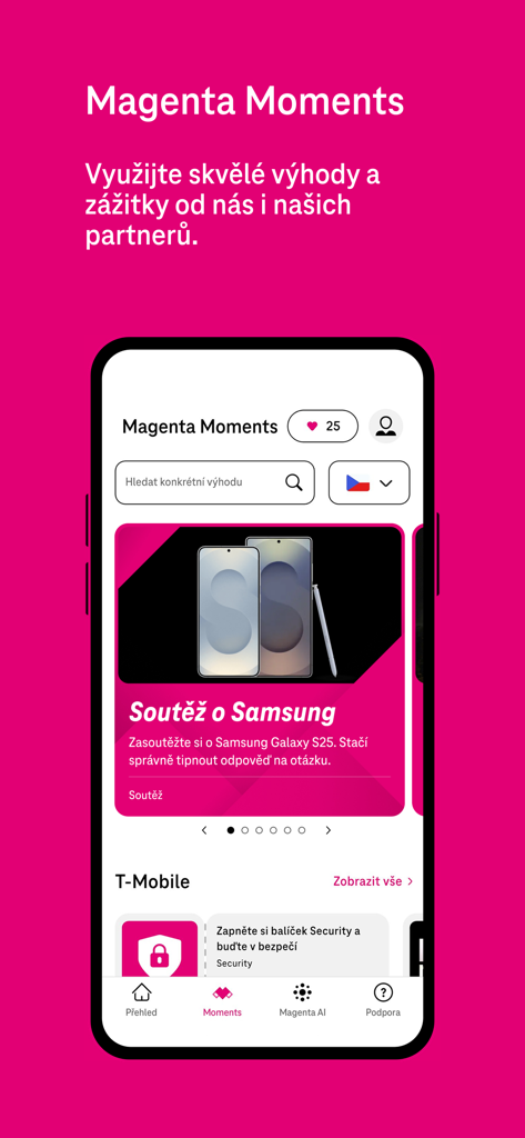 Interfaz de la app Muj T-Mobile mostrando la sección de recompensas de fidelidad Magenta Moments y un concurso de Samsung