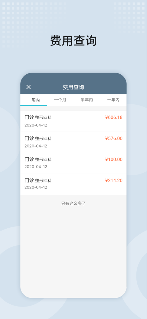 八大处整形医院 - Interface of the Badachu Plastic Surgery Hospital app showing a fee inquiry screen with medical billing details in Mandarin.