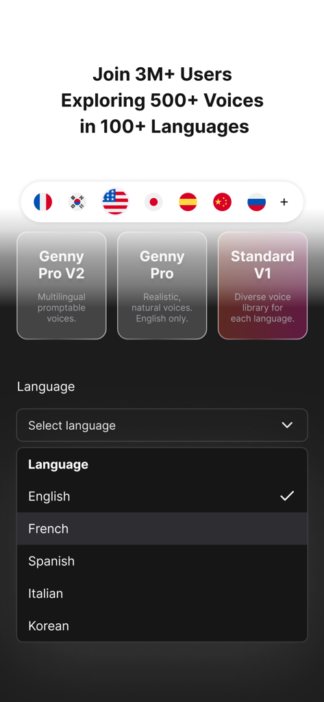 Genny TTS: AI Voice Generator - Genny TTS screen showing multiple AI voice models and language selection