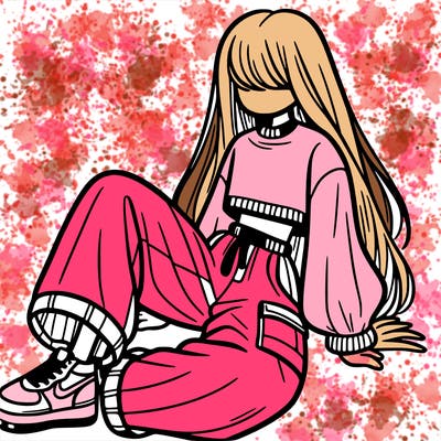 a girl with baggy pants and a crop top with long hair