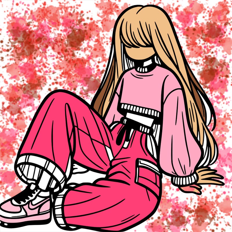 a girl with baggy pants and a crop top with long hair