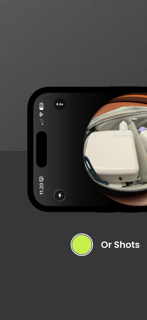 FishLens: A Fish Eye Camera - iPhone screen displaying the FishLens app with a circular fisheye camera effect and a yellow capture button