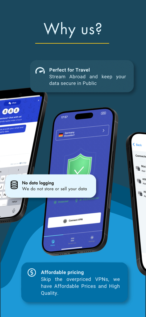 Interfaz de la aplicación VPN One Click que destaca la seguridad de viaje, sin registro de datos y precios asequibles