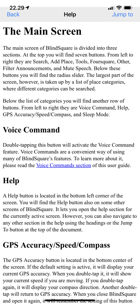 BlindSq Event - Help screen for BlindSquare Event app explaining main features like voice commands and GPS tools