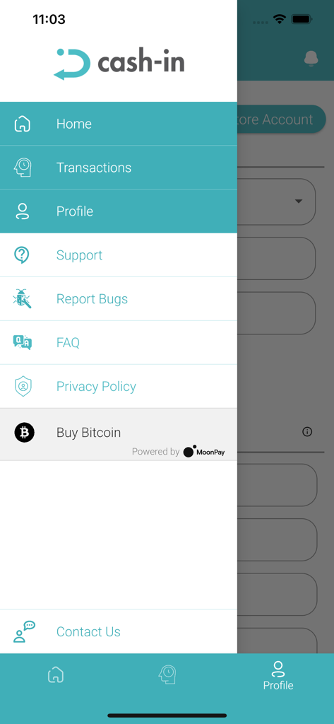 Cash-in: Crypto to naira app - Side navigation menu of the Cash-in app featuring links for Home, Transactions, Profile, and Buy Bitcoin.