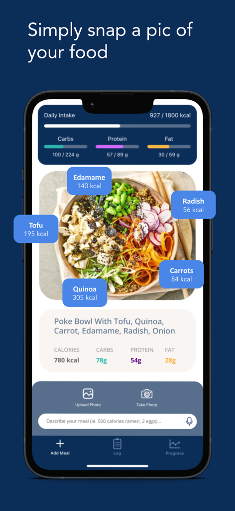Sano: Photo Calorie Tracking - Sano app using AI to track calories and macros from a photo of a poke bowl