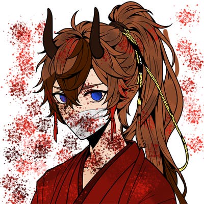 realistic anime boy with horns and long messy hair in ponytail
