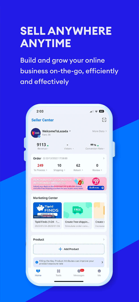 Lazada Seller Center app interface displaying sales revenue and order tracking details
