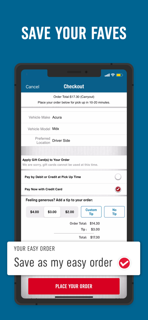 Checkout screen of the Dominos Canada app showing vehicle details for carryout and an option to save as an Easy Order.
