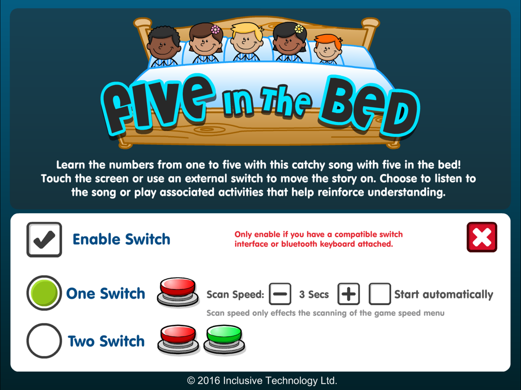 Das Menü für Barrierefreiheits-Einstellungen der App „Fünf im Bett“ mit Optionen für die Schaltersteuerung