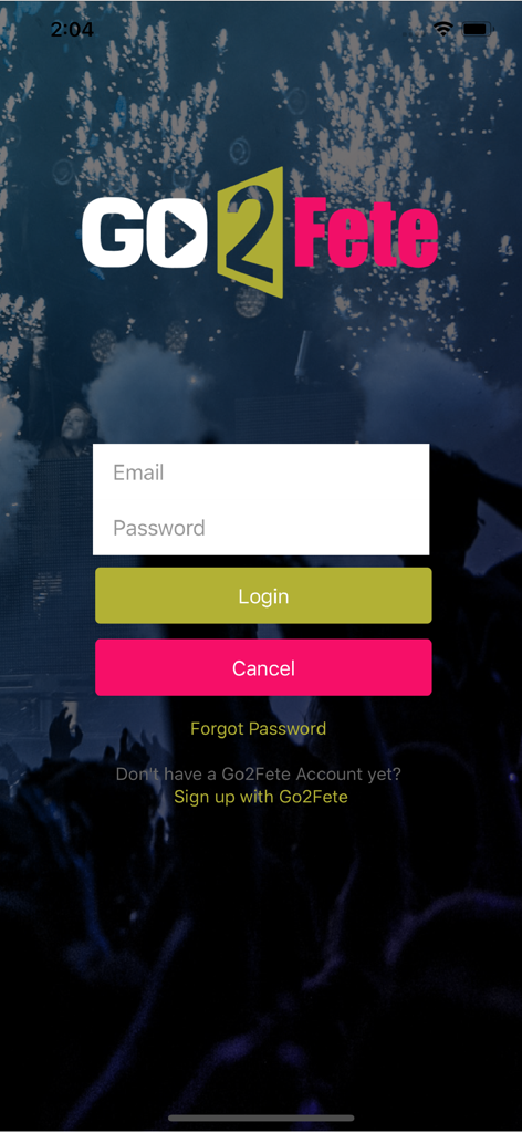 Go2Fete app login page with email and password fields