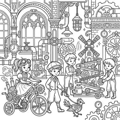 Explore a fantastic world where childhood play meets intricate Steampunk design. This charming coloring page brings together gears, steam, and playful children in a unique Victorian-inspired setting.