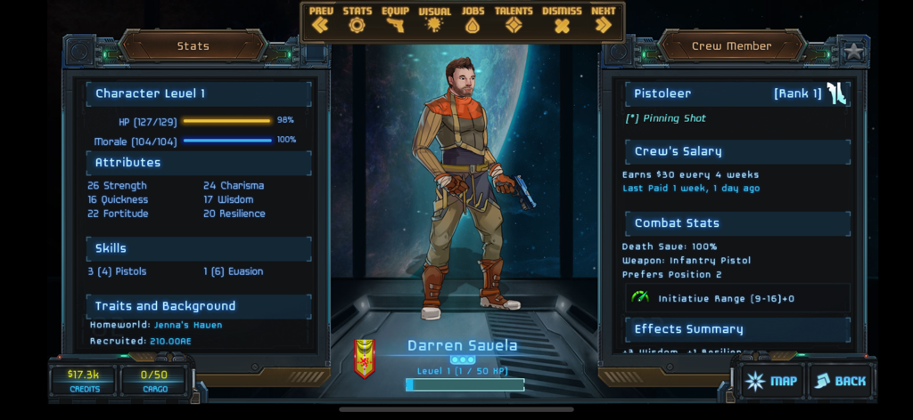 Ein detailliertes Charakterprofil in Star Traders Frontiers, das ein Pistoleer-Crewmitglied mit verschiedenen RPG-Statistiken und Attributen zeigt.