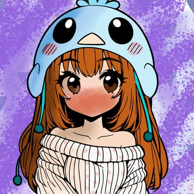 anime girl with chick shaped hat with sweater with bare shoulders with bangs covering them one eye with low tail